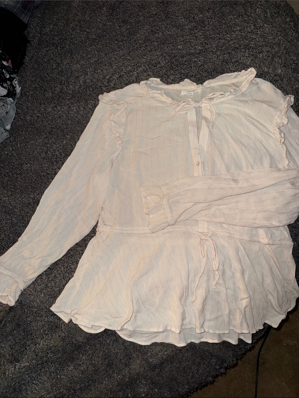 Ruffled Tie-Neck Lightweight Peplum Blouse in Pale Pink